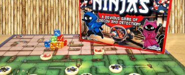 Board game "Shadow Ninjas" by Kedric Winks displayed with colorful dice and game pieces on a vibrant game board, featuring a tropical background, promoting Summer Marathon 2024.