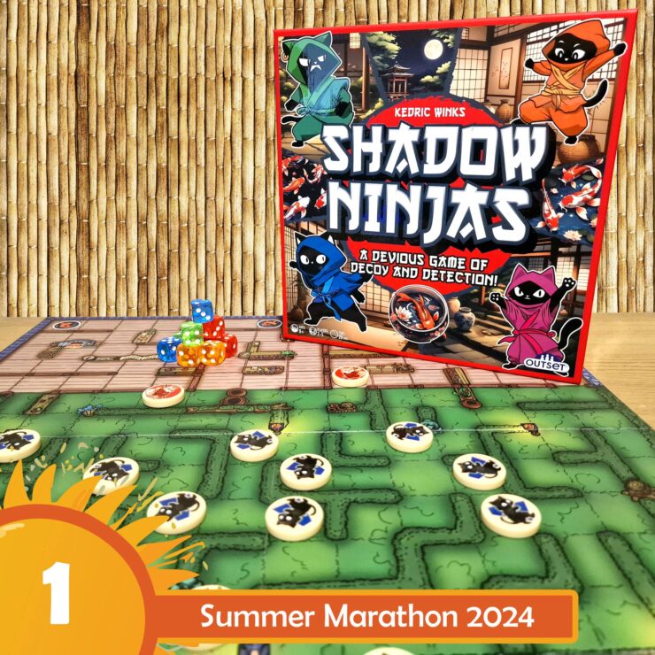 Board game "Shadow Ninjas" by Kedric Winks displayed with colorful dice and game pieces on a vibrant game board, featuring a tropical background, promoting Summer Marathon 2024.