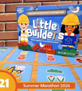 Colorful game box for "Little Builders" featuring two children in construction hats, promoting teamwork in building a town. Surrounding cards display various colorful illustrations, ideal for introducing kids to card games. Summer Marathon 2024 branding is visible in the corner.