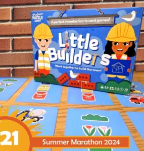 Colorful game box for "Little Builders" featuring two children in construction hats, promoting teamwork in building a town. Surrounding cards display various colorful illustrations, ideal for introducing kids to card games. Summer Marathon 2024 branding is visible in the corner.