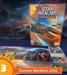 Star Realms deckbuilding game displayed on a table with game cards and a colorful space-themed background, promoting Summer Marathon 2024.
