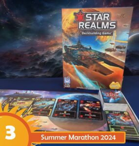 Star Realms deckbuilding game displayed on a table with game cards and a colorful space-themed background, promoting Summer Marathon 2024.