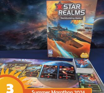 Star Realms deckbuilding game displayed on a table with game cards and a colorful space-themed background, promoting Summer Marathon 2024.