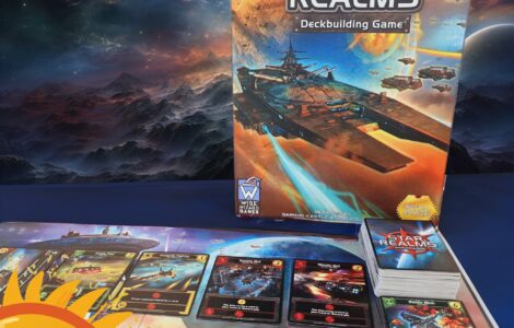 Star Realms deckbuilding game displayed on a table with game cards and a colorful space-themed background, promoting Summer Marathon 2024.