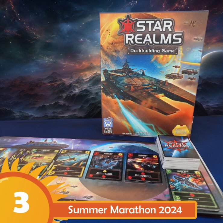 Star Realms deckbuilding game displayed on a table with game cards and a colorful space-themed background, promoting Summer Marathon 2024.