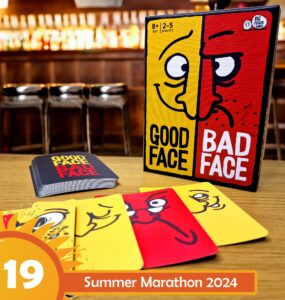 Board game "Good Face Bad Face" displayed on a table with colorful cards, suitable for 2-5 players aged 8 and up, featured in a vibrant setting for the Summer Marathon 2024 event.