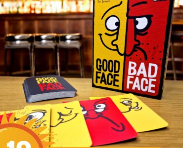 Board game "Good Face Bad Face" displayed on a table with colorful cards, suitable for 2-5 players aged 8 and up, featured in a vibrant setting for the Summer Marathon 2024 event.