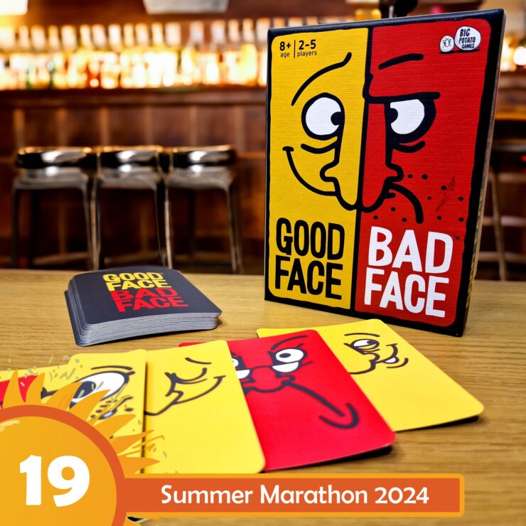 Board game "Good Face Bad Face" displayed on a table with colorful cards, suitable for 2-5 players aged 8 and up, featured in a vibrant setting for the Summer Marathon 2024 event.