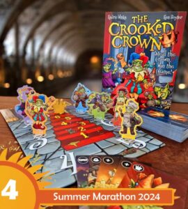Colorful board game "The Crooked Crown" displayed with character tokens on the game board, featuring vibrant artwork and cards, set against a blurred background. Summer Marathon 2024 branding visible in the corner.