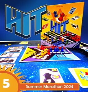 Colorful board game "HIT" by Ralf zur Linde displayed on a vibrant game board with red, yellow, and blue playing pieces. The image features the game box and cards, promoting the Summer Marathon 2024 event.