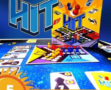 Colorful board game "HIT" by Ralf zur Linde displayed on a vibrant game board with red, yellow, and blue playing pieces. The image features the game box and cards, promoting the Summer Marathon 2024 event.