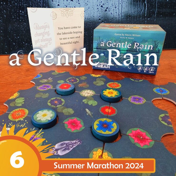 Board game "A Gentle Rain" by Kevin Wilson displayed with game pieces and a promotional card, featuring vibrant floral designs on a puzzle-like game board. The image highlights the game's relaxing theme, suitable for ages 8 and up, and is part of the Summer Marathon 2024 event.