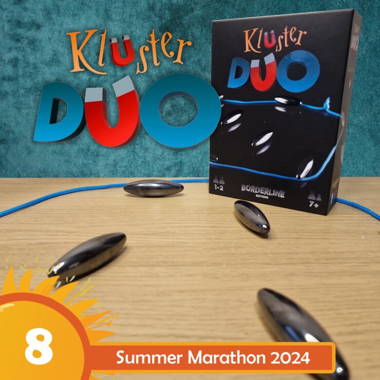 KluSter Duo board game displayed on a wooden table, featuring a colorful box with game pieces and a blue cord, promoting the Summer Marathon 2024 event. Ideal for 1-2 players aged 7 and up, highlighting its engaging gameplay.