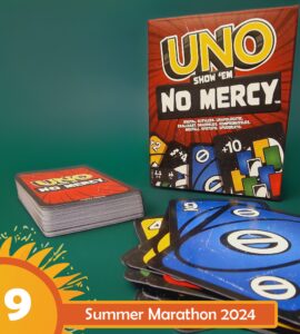 UNO No Mercy card game box and cards displayed on a green background, featuring colorful gameplay elements. Summer Marathon 2024 promotion highlighted in the bottom corner.