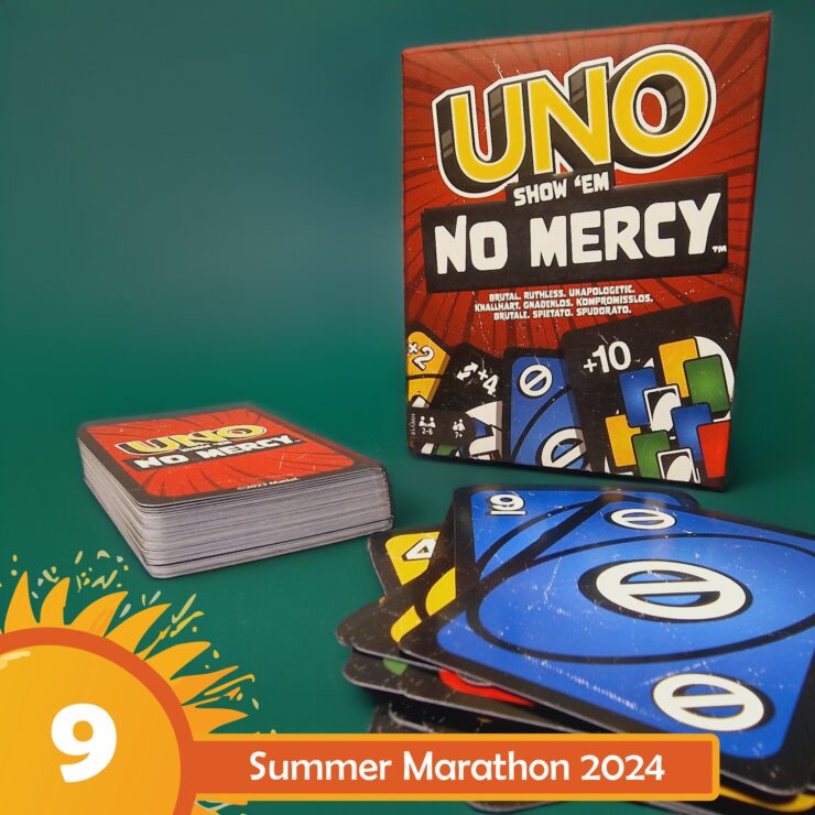 UNO No Mercy card game box and cards displayed on a green background, featuring colorful gameplay elements. Summer Marathon 2024 promotion highlighted in the bottom corner.