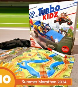 Box of the board game "Turbo Kidz" featuring colorful artwork of racing cars, placed next to a game map with rivers and landscapes, alongside a black item, promoting the Summer Marathon 2024 event.