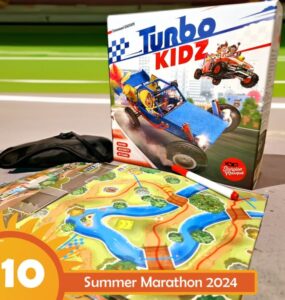 Box of the board game "Turbo Kidz" featuring colorful artwork of racing cars, placed next to a game map with rivers and landscapes, alongside a black item, promoting the Summer Marathon 2024 event.