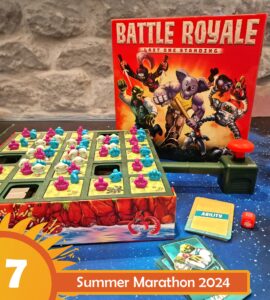Colorful board game "Battle Royale: Last One Standing" displayed with game pieces, dice, and ability cards, set against a vibrant background, promoting Summer Marathon 2024.