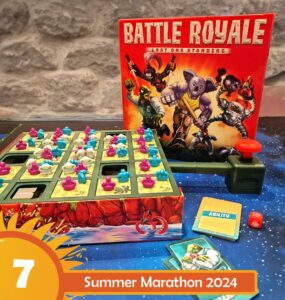 Colorful board game "Battle Royale: Last One Standing" displayed with game pieces, dice, and ability cards, set against a vibrant background, promoting Summer Marathon 2024.