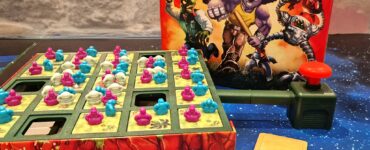 Colorful board game "Battle Royale: Last One Standing" displayed with game pieces, dice, and ability cards, set against a vibrant background, promoting Summer Marathon 2024.