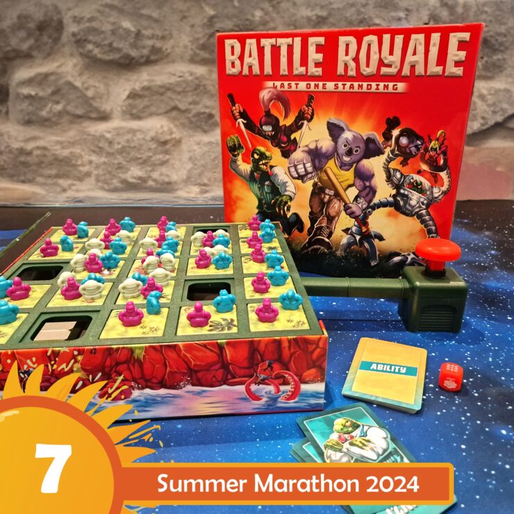 Colorful board game "Battle Royale: Last One Standing" displayed with game pieces, dice, and ability cards, set against a vibrant background, promoting Summer Marathon 2024.