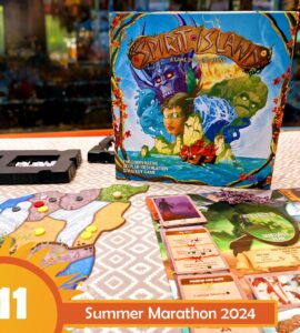 Board game "Spirit Island" displayed on a table, featuring its colorful box art, game board with various tokens, and character cards, promoting a cooperative strategy experience. Text overlay indicates "Summer Marathon 2024" event.