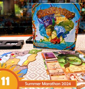 Board game "Spirit Island" displayed on a table, featuring its colorful box art, game board with various tokens, and character cards, promoting a cooperative strategy experience. Text overlay indicates "Summer Marathon 2024" event.