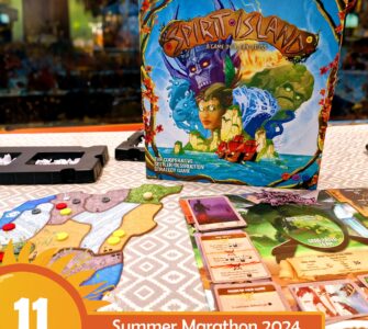 Board game "Spirit Island" displayed on a table, featuring its colorful box art, game board with various tokens, and character cards, promoting a cooperative strategy experience. Text overlay indicates "Summer Marathon 2024" event.