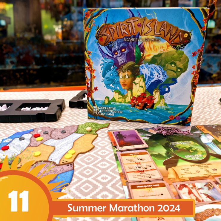 Board game "Spirit Island" displayed on a table, featuring its colorful box art, game board with various tokens, and character cards, promoting a cooperative strategy experience. Text overlay indicates "Summer Marathon 2024" event.