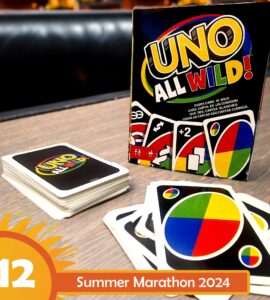 Colorful UNO All Wild! card game box displayed next to a stack of cards, featuring vibrant graphics and the text "Every card is wild." Promoting the Summer Marathon 2024 event with a playful design.