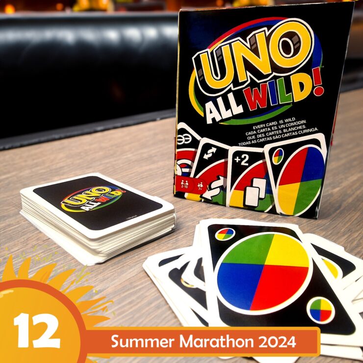 Colorful UNO All Wild! card game box displayed next to a stack of cards, featuring vibrant graphics and the text "Every card is wild." Promoting the Summer Marathon 2024 event with a playful design.