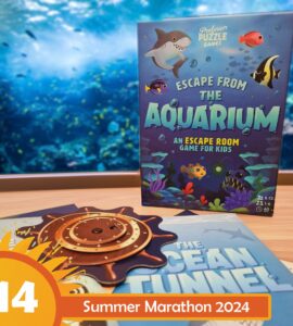 Colorful game box for "Escape from the Aquarium," an escape room game designed for kids aged 8-12, featuring underwater themes and playful graphics, displayed alongside game components on a table with an aquarium backdrop.