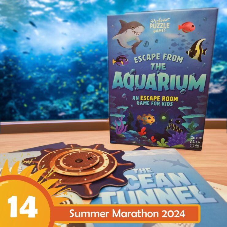 Colorful game box for "Escape from the Aquarium," an escape room game designed for kids aged 8-12, featuring underwater themes and playful graphics, displayed alongside game components on a table with an aquarium backdrop.