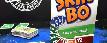 Skip-Bo card game box displayed alongside game cards on a colorful background, featuring the text "Fun is in order!" and a "Fake Alert" stamp. The image promotes the Summer Marathon 2024 event with a bold number 15.