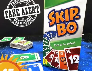 Skip-Bo card game box displayed alongside game cards on a colorful background, featuring the text "Fun is in order!" and a "Fake Alert" stamp. The image promotes the Summer Marathon 2024 event with a bold number 15.