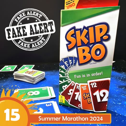 Skip-Bo card game box displayed alongside game cards on a colorful background, featuring the text "Fun is in order!" and a "Fake Alert" stamp. The image promotes the Summer Marathon 2024 event with a bold number 15.