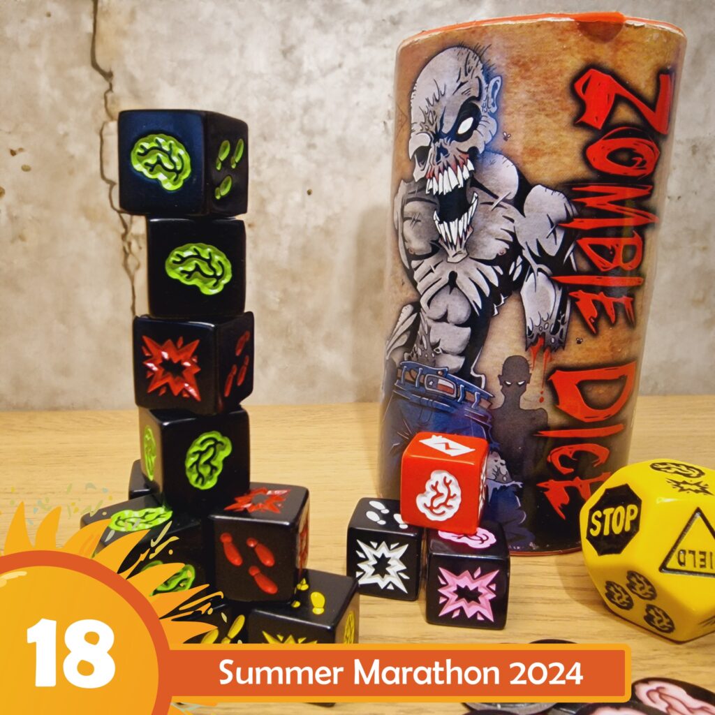 Colorful Zombie Dice and a themed cup are displayed on a wooden surface, featuring various dice with brain, foot, and explosion designs. The image promotes the Summer Marathon 2024 event.