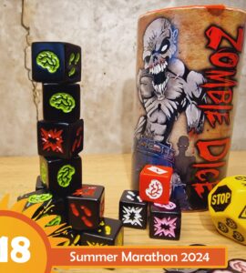 Colorful Zombie Dice and a themed cup are displayed on a wooden surface, featuring various dice with brain, foot, and explosion designs. The image promotes the Summer Marathon 2024 event.
