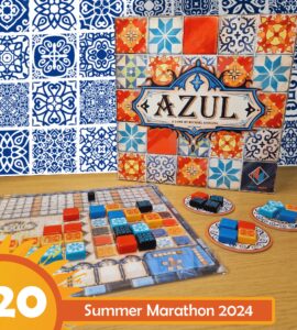 Board game "Azul" by Michael Kiesling displayed on a wooden table with colorful tiles and game components, set against a decorative blue and white background. The image promotes the Summer Marathon 2024 event.