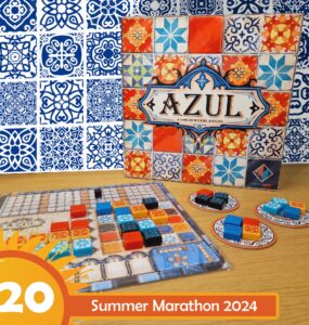 Board game "Azul" by Michael Kiesling displayed on a wooden table with colorful tiles and game components, set against a decorative blue and white background. The image promotes the Summer Marathon 2024 event.