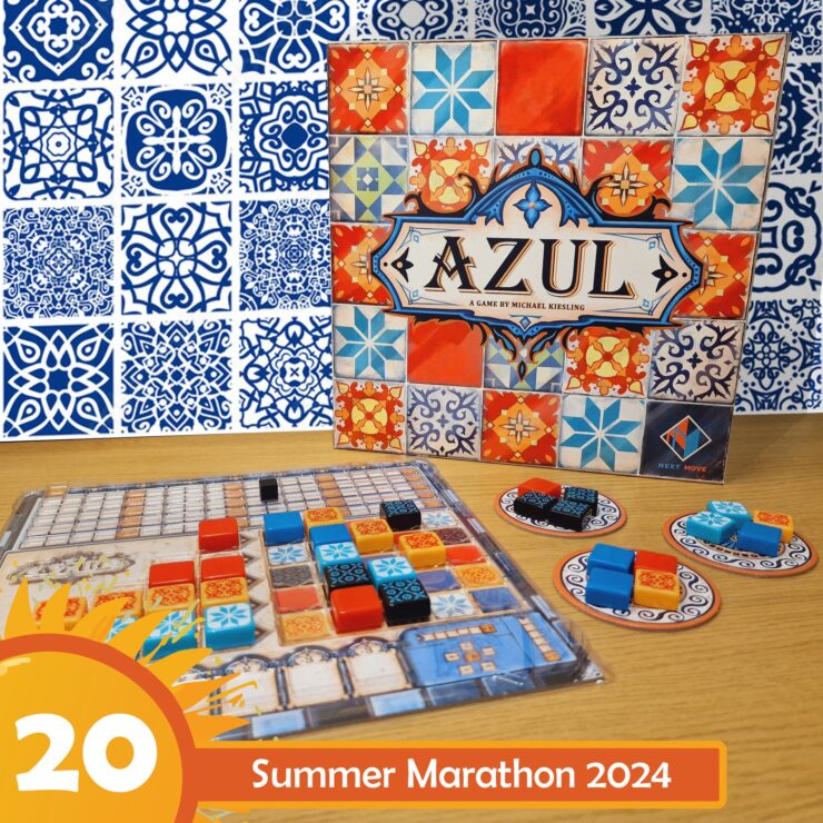 Board game "Azul" by Michael Kiesling displayed on a wooden table with colorful tiles and game components, set against a decorative blue and white background. The image promotes the Summer Marathon 2024 event.