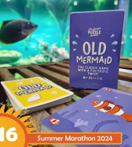 Old Mermaid card game by Professor Puzzle Games displayed on a wooden surface, featuring colorful cards and a vibrant underwater background, promoting Summer Marathon 2024. Suitable for 4+ players, ages 8 and up, with a playful twist on a classic game.