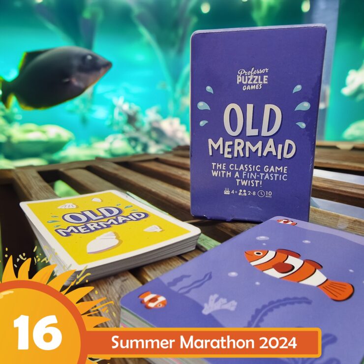 Old Mermaid card game by Professor Puzzle Games displayed on a wooden surface, featuring colorful cards and a vibrant underwater background, promoting Summer Marathon 2024. Suitable for 4+ players, ages 8 and up, with a playful twist on a classic game.