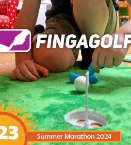 Child playing Fingagolf on a green mat, focusing on putting a white ball into a small hole. The image promotes the Summer Marathon 2024 event, showcasing fun indoor golf activities for kids.