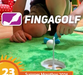 Child playing Fingagolf on a green mat, focusing on putting a white ball into a small hole. The image promotes the Summer Marathon 2024 event, showcasing fun indoor golf activities for kids.