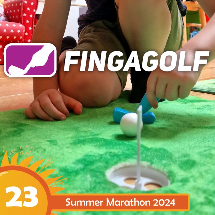 Child playing Fingagolf on a green mat, focusing on putting a white ball into a small hole. The image promotes the Summer Marathon 2024 event, showcasing fun indoor golf activities for kids.