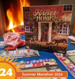 Board game "Forever Home" by Lottie and Jack Hayfell displayed on a table with colorful game pieces and cards, set against a cozy fireplace background, showcasing a warm, inviting atmosphere for game night during the Summer Marathon 2024.