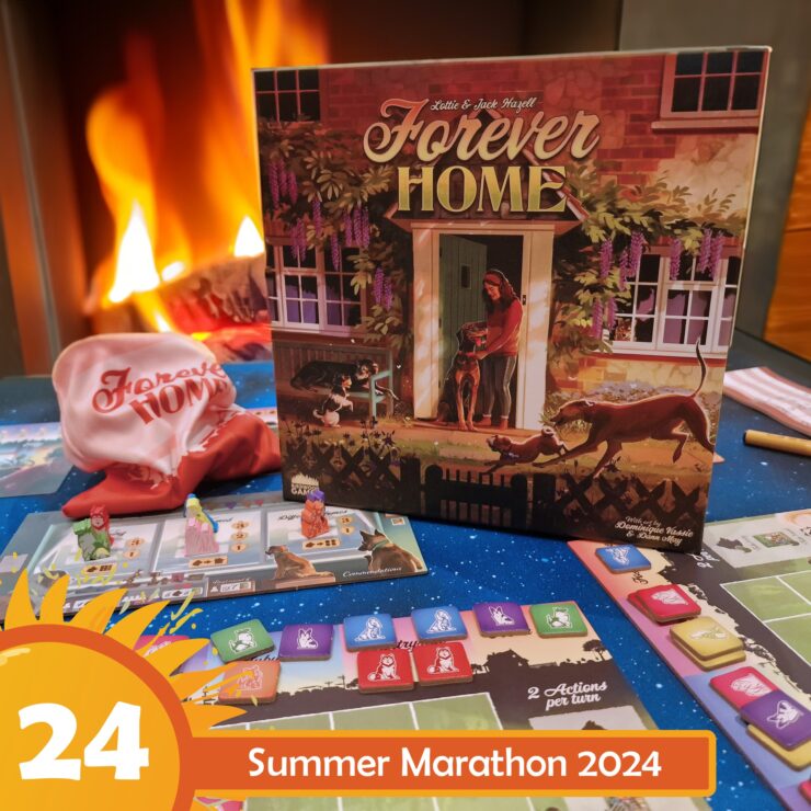 Board game "Forever Home" by Lottie and Jack Hayfell displayed on a table with colorful game pieces and cards, set against a cozy fireplace background, showcasing a warm, inviting atmosphere for game night during the Summer Marathon 2024.