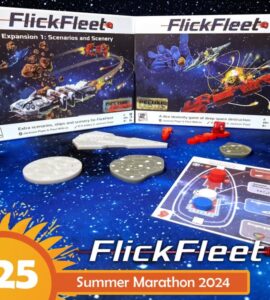 FlickFleet board game expansion display featuring scenarios, ships, and scenery on a cosmic background. The image showcases game components including dice, tokens, and a game board, emphasizing the playful and strategic elements of deep space destruction. Ideal for board game enthusiasts and collectors.