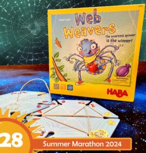 Colorful box of the game "Web Weavers" by HABA featuring a cartoon spider, with game pieces laid out on a starry background. Ideal for family fun and strategy gameplay, promoting cognitive skills in children.